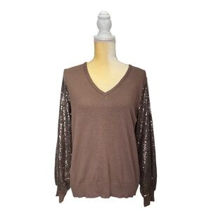 Adrianna Papell V-Neck Sweater Sequined Sleeves Size Medium Antique Copper NWT